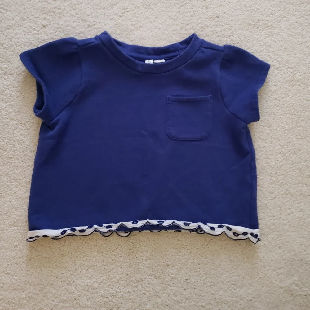 Janie and Jack Girls' Navy French Terry Short Sleeve Shirt With Eyelet Trim sz5